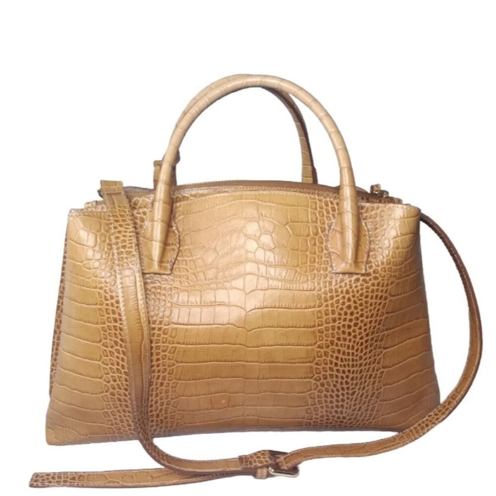 Lacucci Italian Leather Satchel Large Handbag Bag Crocodile Embossed Brown Tan - Picture 2 of 16